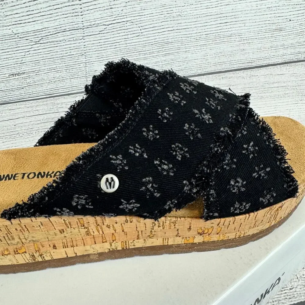 Minnetonka Women's Black Distressed Denim Posey Wedge Sandals Size 11